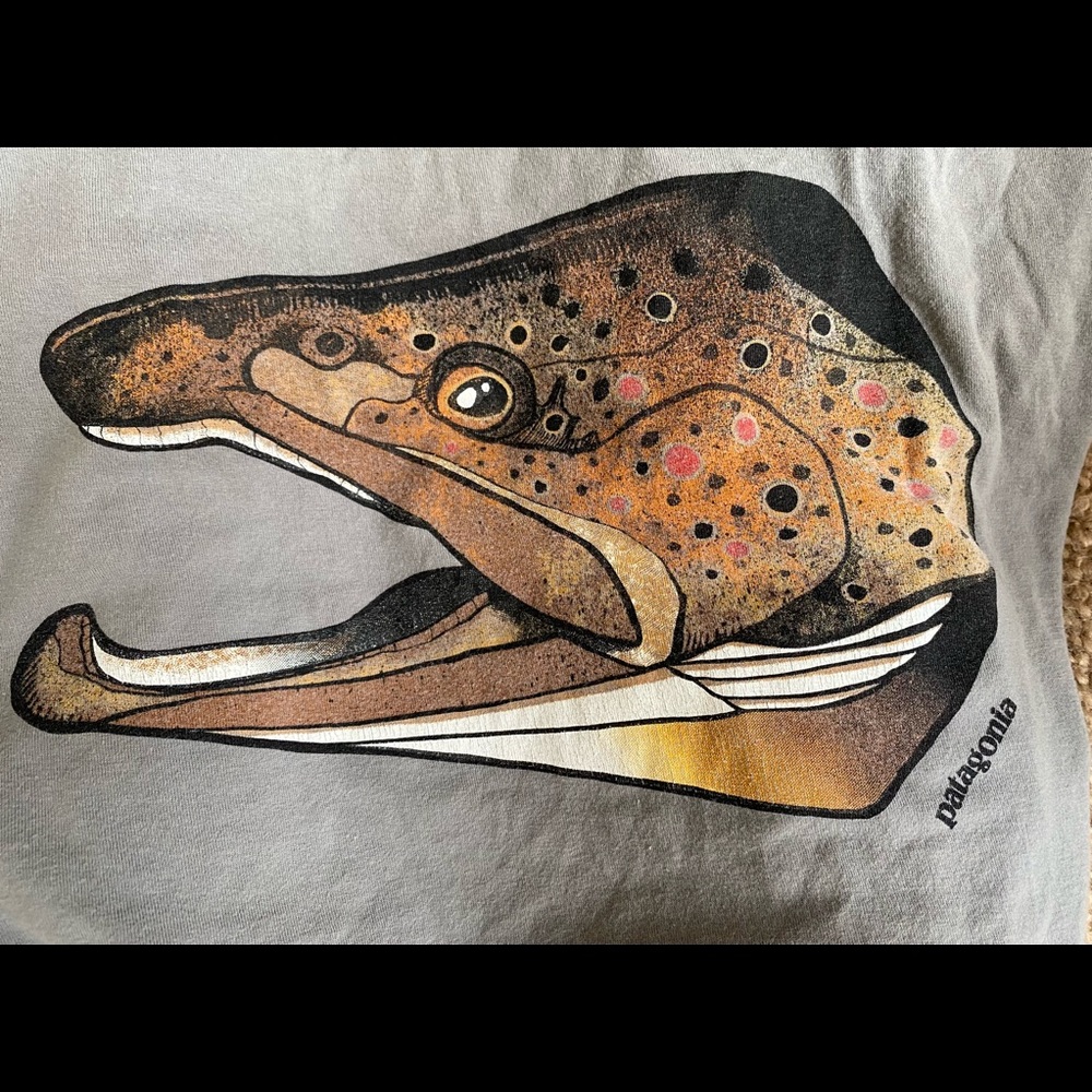 Mens XS Patagonia Organic T-Shirt Fly FISHING Graphics Slate Gray EXCELLENT Cond